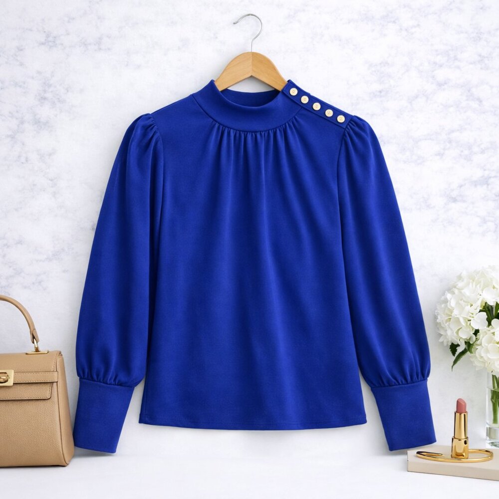 Ann Taylor Royal Blue Mock Neck Pleated Blouse Button Shoulder Long Sleeve XL
